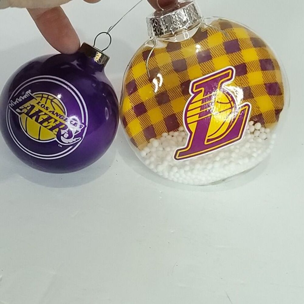 LA Lakers Logo Christmas Ball And Oval Snow Ornament NBA Basketball Lot of 2